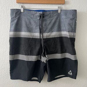 Gerry Mens XL Black Gray White Stripe Lined Board Shorts Bathing Suit